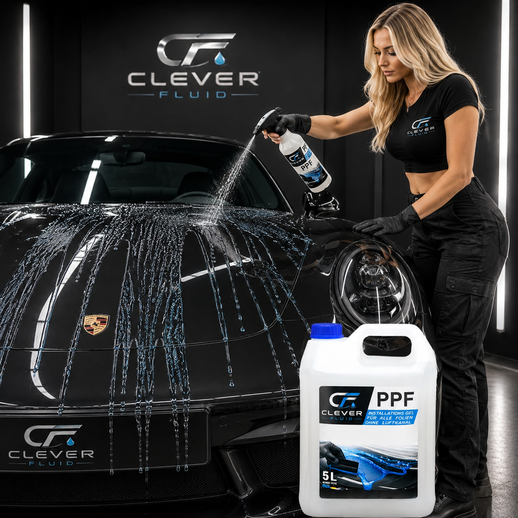 Clever Fluid PPF GEL für professionelle lackschutzfolien (PPF) und Scheibentönung reduziert Wasserverbrauch und ermöglicht eine saubere Folienmontage. Schmutz wird durch das Gel rausgerakelt. 