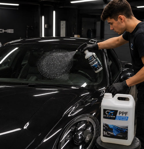 Clever Fluid PPF GEL für professionelle lackschutzfolien (PPF) und Scheibentönung reduziert Wasserverbrauch und ermöglicht eine saubere Folienmontage. Schmutz wird durch das Gel rausgerakelt. 