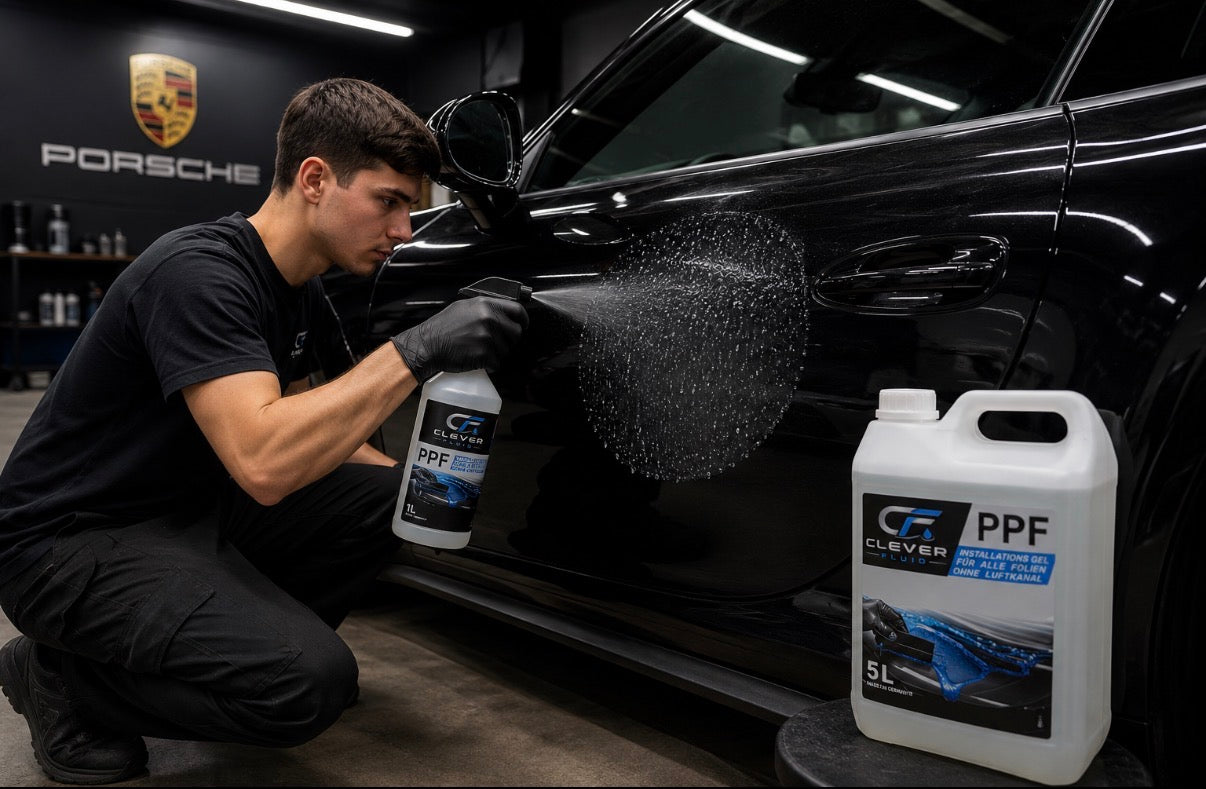 Clever Fluid PPF GEL für professionelle lackschutzfolien (PPF) und Scheibentönung reduziert Wasserverbrauch und ermöglicht eine saubere Folienmontage. Schmutz wird durch das Gel rausgerakelt. 