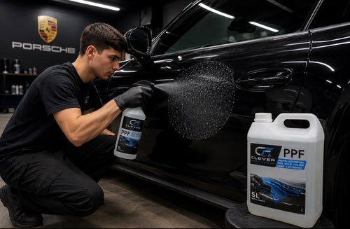 Clever Fluid PPF GEL für professionelle lackschutzfolien (PPF) und Scheibentönung reduziert Wasserverbrauch und ermöglicht eine saubere Folienmontage. Schmutz wird durch das Gel rausgerakelt. 